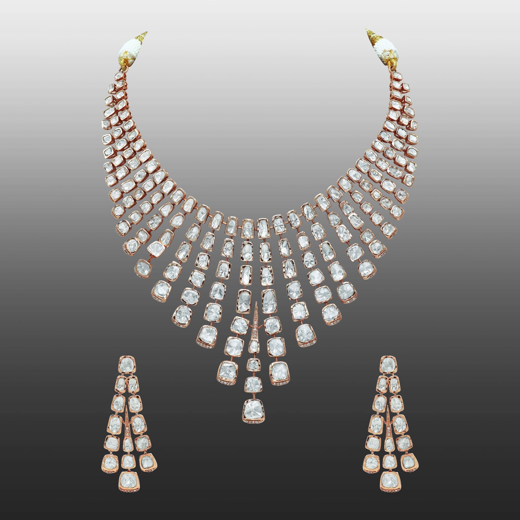 Rose Gold Polki Necklace Set with Cascading Fan-Like Design